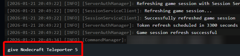 Running the give Nodecraft Teleporter command in the Hytale server console.