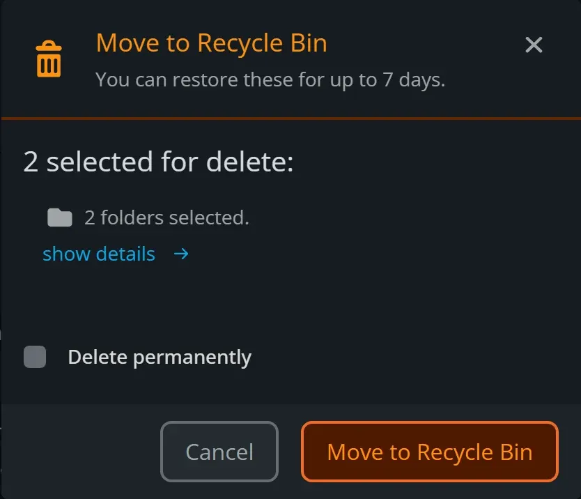 The Move to Recycle Bin window, which reads 'You can restore these for up to 7 days', with the Delete permanently checkbox unticked and a Move to Recycle Bin button.