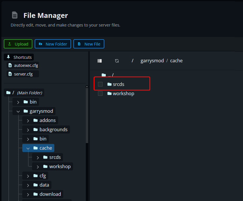 A screenshot of our panel highlighting the scrds folder on a Garry's Mod server.