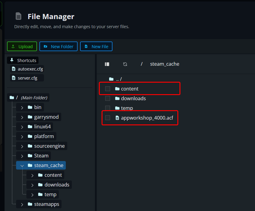 A screenshot of our panel highlighting the content and appworkshop files on a Garry's Mod server.