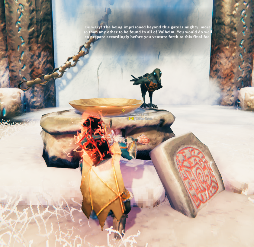 The Strange Bowl at the Aesir Passage prompting the player to offer an item in Valheim.