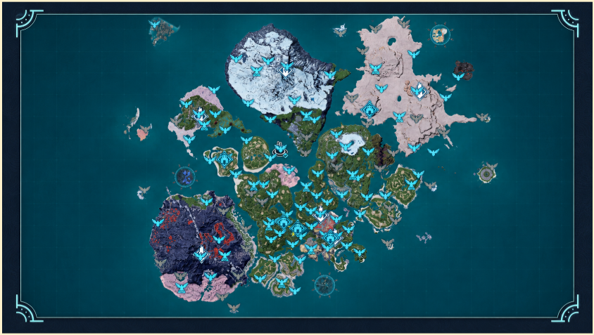 The whole Palworld map, excluding the World Tree. Icons represent watch towers and fast travel points.