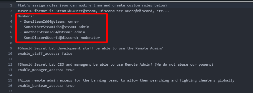 A text editor displaying the contents of the config_remoteadmin.txt file for an SCP: Secret Laboratory server, with a red box highlighting the Members section where SteamID64s are assigned to owner and admin roles.