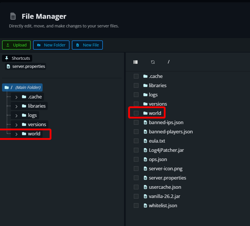 The Minecraft world folder highlighted in the Nodecraft File Manager, showing where to locate your primary world files before downloading or managing your save.