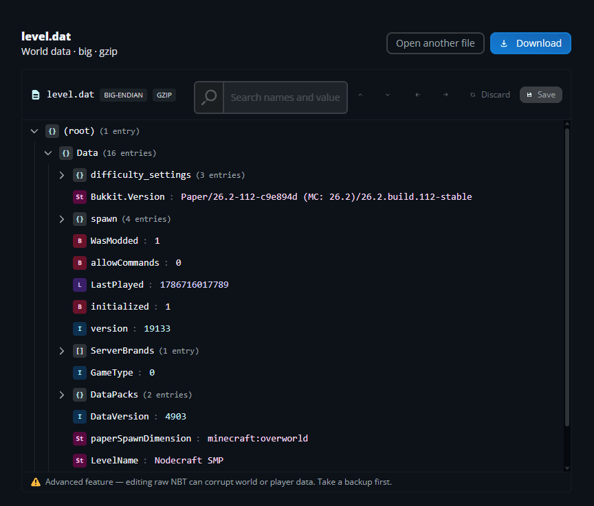 Web-based Minecraft NBT Editor with support for mods and more