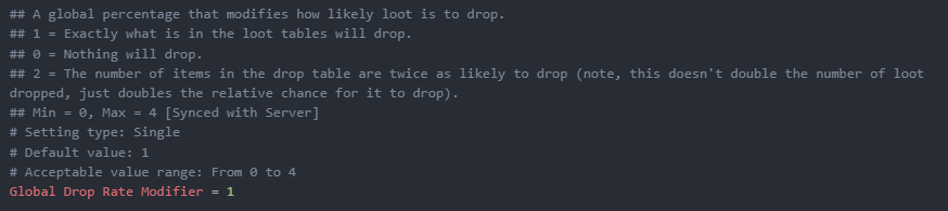 The Epic Loot configuration file open in the editor, showing the Global Drop Rate Modifier setting and its comments explaining how the value affects loot drop likelihood.