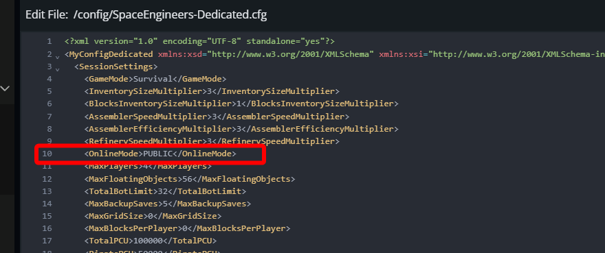 The SpaceEngineers-Dedicated.cfg file is open in the built-in editor with the <OnlineMode> setting highlighted within the server's XML configuration.