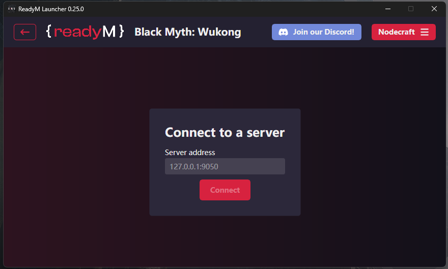 ReadyM launcher connection screen displaying the server address field used to connect to a Black Myth: Wukong multiplayer server.