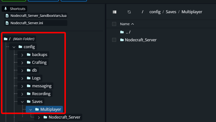 The Nodecraft File Manager showing the /config/Saves/Multiplayer directory open, with the Nodecraft_Server save folder visible in the main file list.