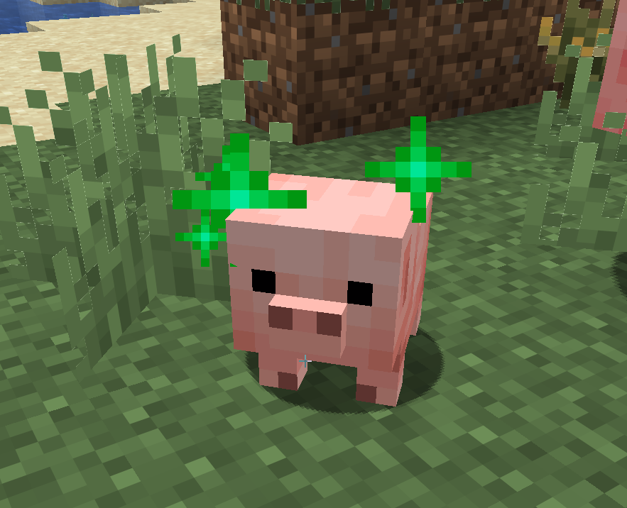A baby pig in Minecraft surrounded by green particles after being fed a Golden Dandelion, showing that its aging has been stopped.