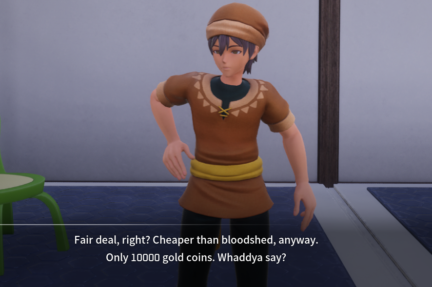 Animated man in a brown tunic and hat with a yellow belt, hand on hip, in a game scene; subtitle mentions 10,000 gold coins.