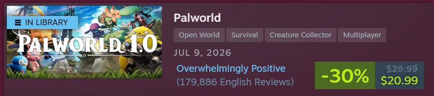 Steam Store page banner for Palworld 1.0 showing a 30% discount price tag of $20.99 and an Overwhelmingly Positive user rating.