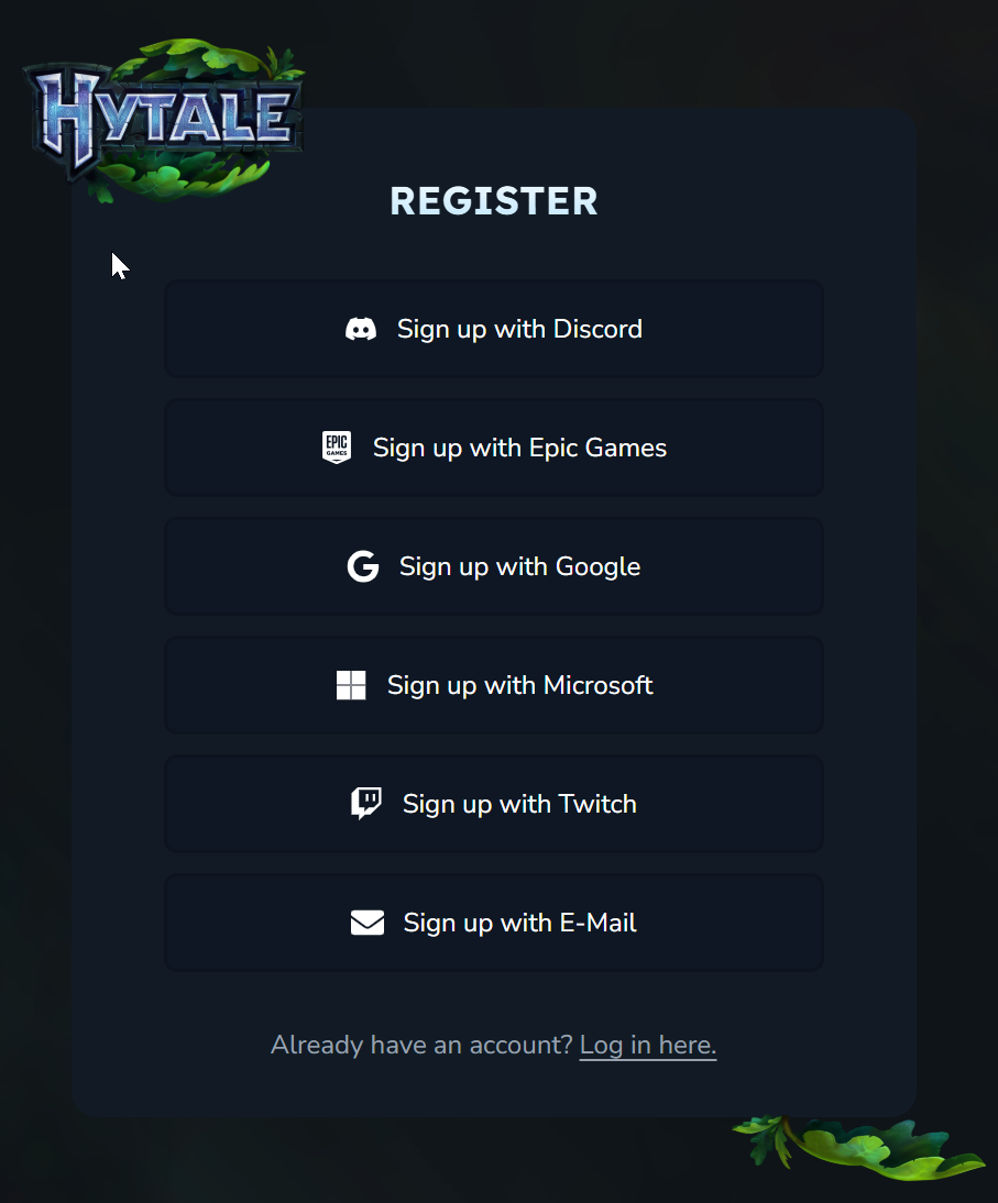 Hytale registration screen showing logo,