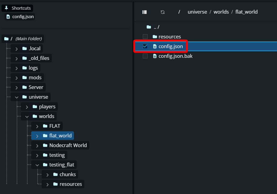 Selecting the config.json file for a flat Hytale world in the Nodecraft file manager.