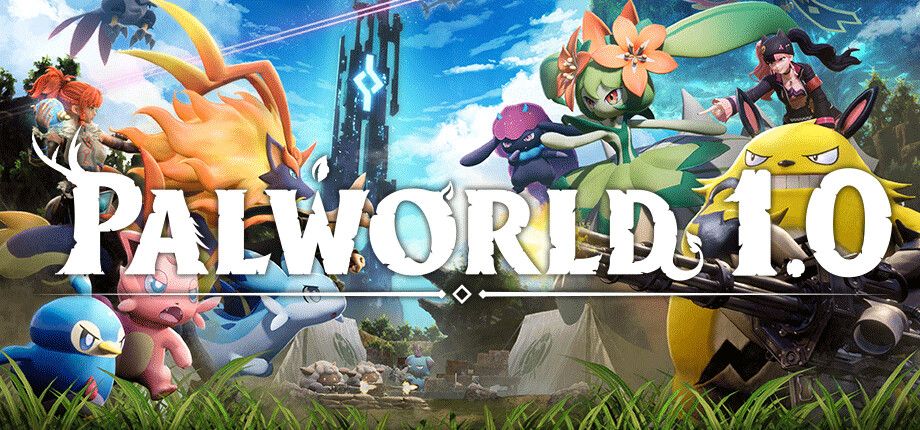 Palworld 1.0 banner with multiple pals.