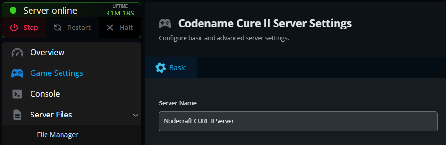 Shows the Game Settings page in Nodecraft with the Server Name