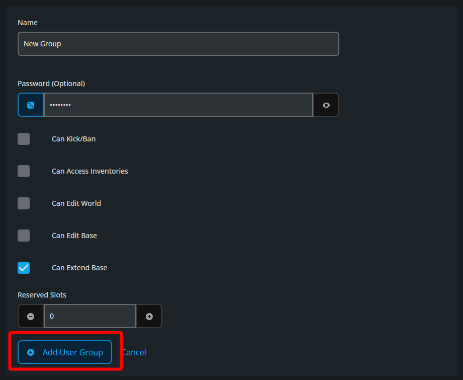 Dark UI panel to create a New Group: name, password, permissions (Extend Base checked), Reserved Slots, Add User Group button.
