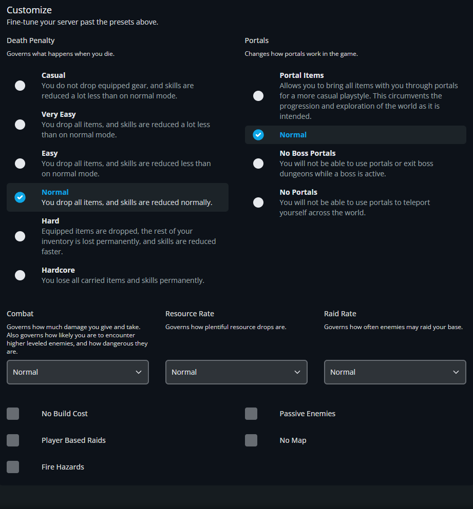 Dark customize screen with two columns: Death Penalty and Portals; Normal preset selected; dropdowns for Combat, Resource Rate, Raid Rate; checkboxes.