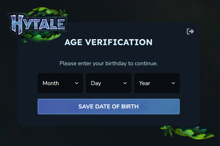 Hytale age verification modal asking for Month, Day, Year with dropdowns and a