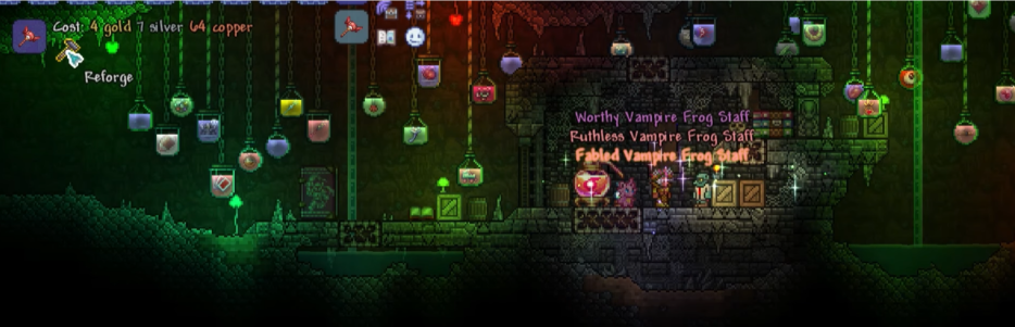 Terraria Goblin Tinkerer reforging menu showing item modifiers and reforge cost inside an underground base.