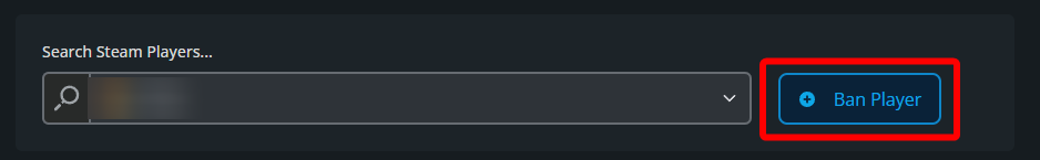 Dark Steam UI panel with a search field labeled “Search Steam Players…” and a blue “Ban Player” button with a plus icon.
