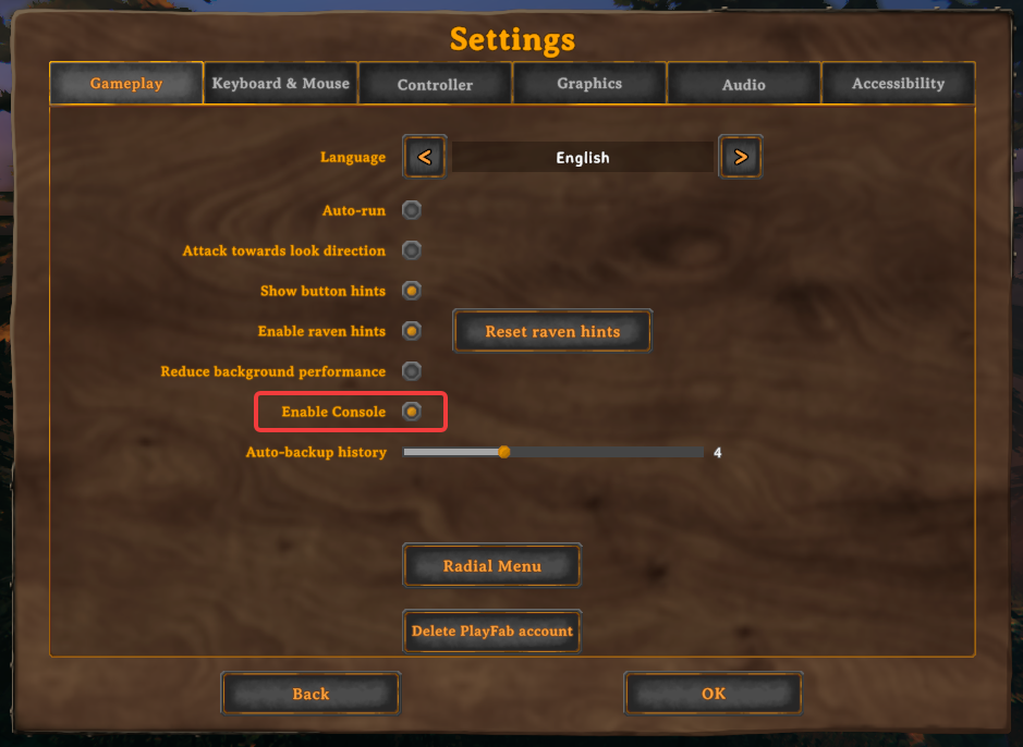 The Valheim in-game Settings menu with the Enable Console option highlighted under the Gameplay tab.