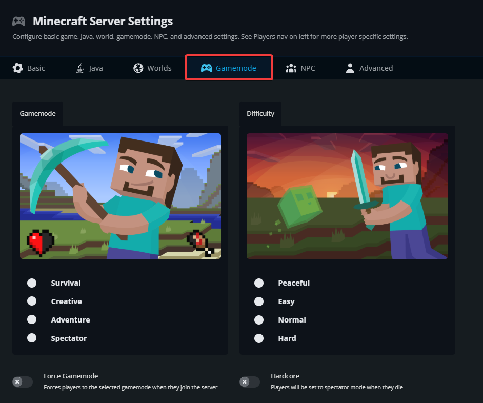 A screenshot of the Minecraft Server Settings on a Nodecraft Minecraft Server with the Gamemode tab highlighted.