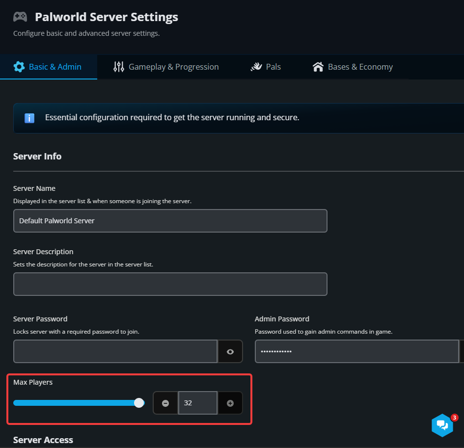 The Basic & Admin tab of the Palworld server settings interface displaying the Max Players configuration option. The highlighted setting includes a slider and numeric value field, allowing server owners to increase or decrease the maximum player capacity for their Palworld server.