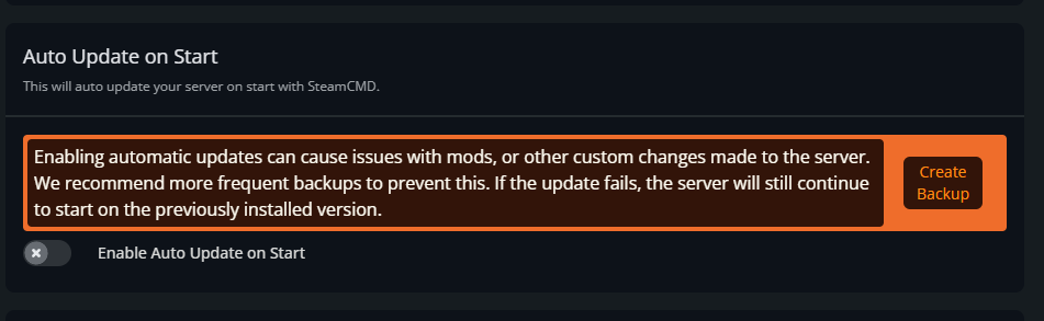 Windrose Manage page showing the Auto Update on Start section and backup warning message.
