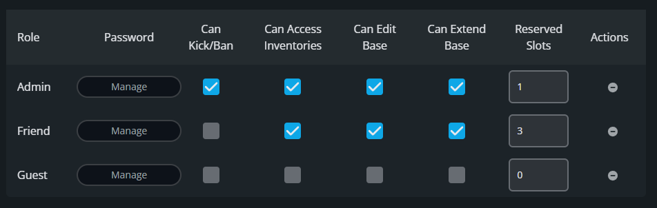 Enshrouded user group settings showing Admin, Friend, and Guest roles with permissions for kicking or banning players, accessing inventories, editing and extending bases, and assigning reserved player slots.