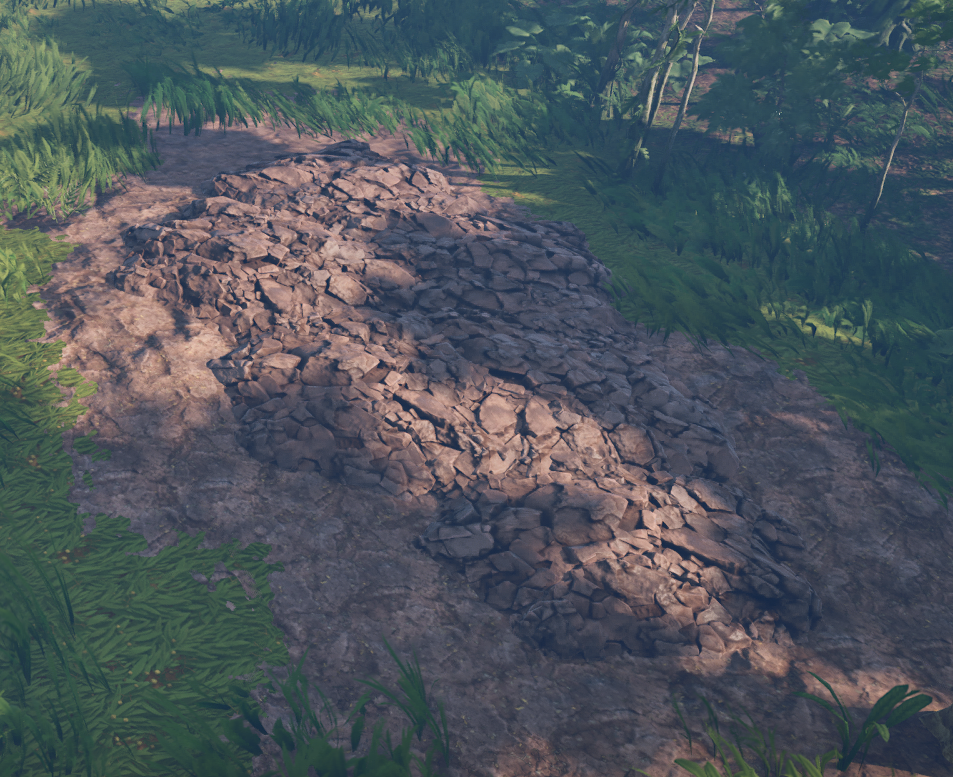 Windrose in-game screenshot showing a clay resource deposit embedded into the ground surrounded by grass and jungle vegetation.