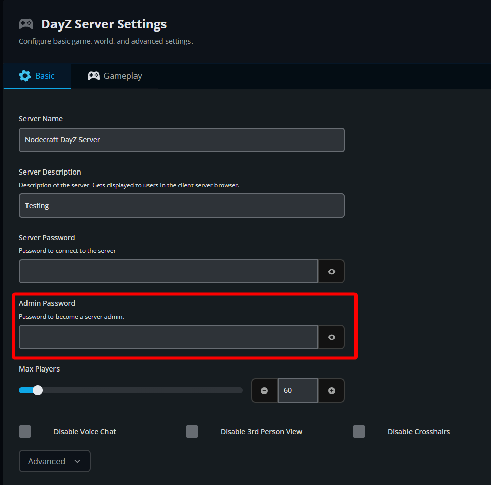 DayZ Server Settings page showing the Admin Password field used to configure administrator access and moderation permissions for the server.