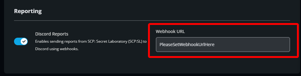 Webhook URL field within the SCP: Secret Laboratory Security settings where a Discord webhook link is entered.