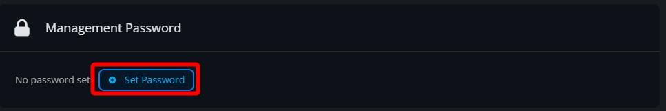 Management Password section showing no password set, with the Set Password button highlighted.