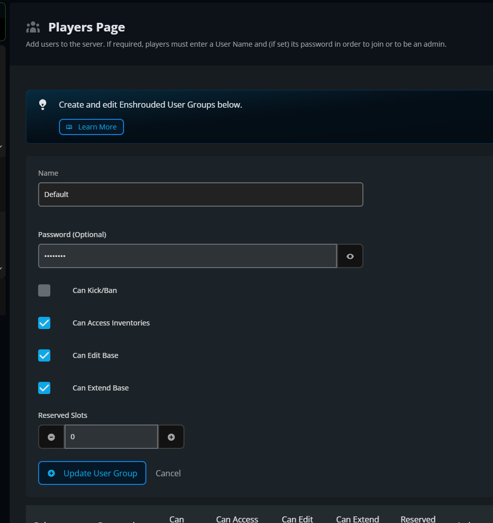 Enshrouded Players page showing a user group with a password field, permission options for kicking or banning players, accessing inventories, editing and extending bases, and reserved player slots.