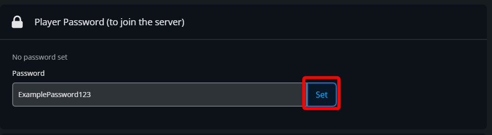 StarRupture Game Settings page with the Player Password field filled in and the Set button highlighted.
