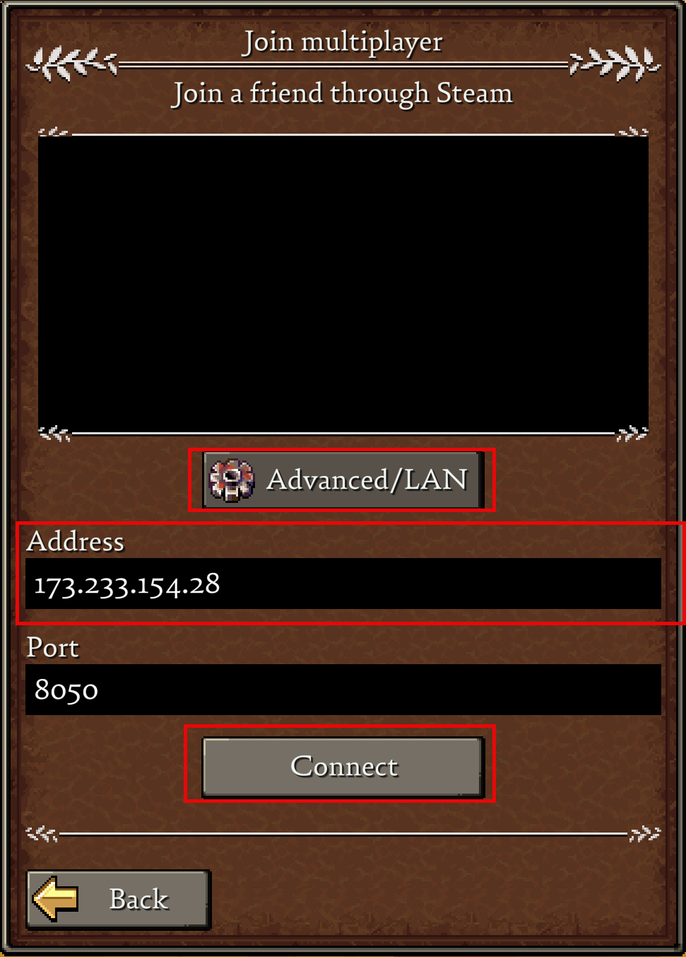 In-game Join Multiplayer menu in Romestead showing the Advanced/LAN section with an IP address, port, and Connect button highlighted.
