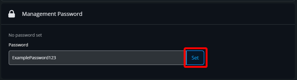 Password input field with a sample password entered and the Set button highlighted to confirm the new management password.