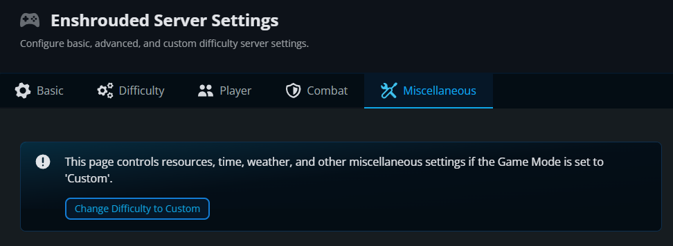 The Nodecraft Enshrouded Server Settings page with a focus on the Miscellaneous tab with an explanation as to what the page does.