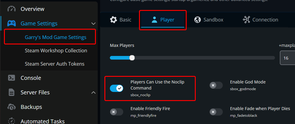 A screenshot of our panel showcasing the Players Can Use the Noclip Command toggle in the settings.