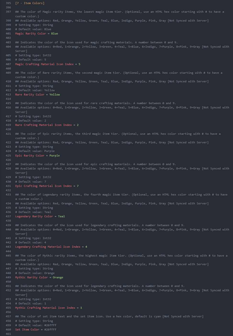 The Epic Loot configuration file open in the editor, showing item color settings for Magic, Rare, Epic, Legendary, Mythic, and Set Item rarities.