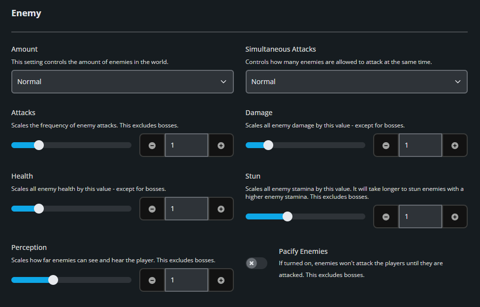 Enshrouded enemy settings showing options for enemy amount, simultaneous attacks, attack frequency, damage, health, stun resistance, perception range, and passive enemy behavior.