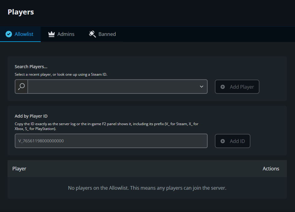 The Valheim Players page in the Nodecraft panel with the Allowlist tab open, showing options to add players by recent player search or full Platform User ID.