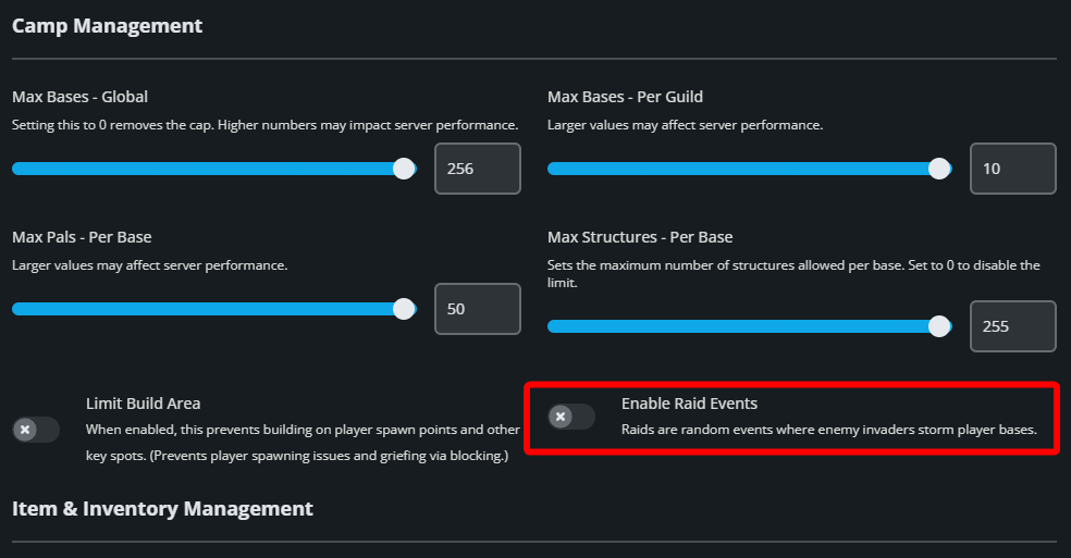 Camp Management tab selected within the Palworld server settings page where base management, raids, guilds, and item settings can be configured.