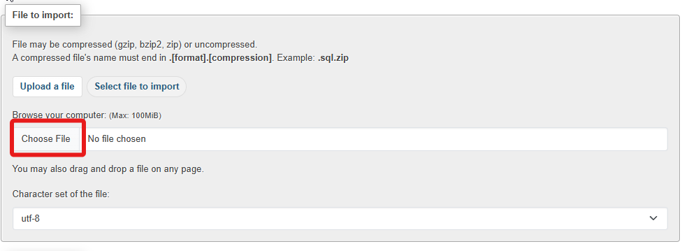 Screenshot of a file import interface with options to upload or drag and drop a file.