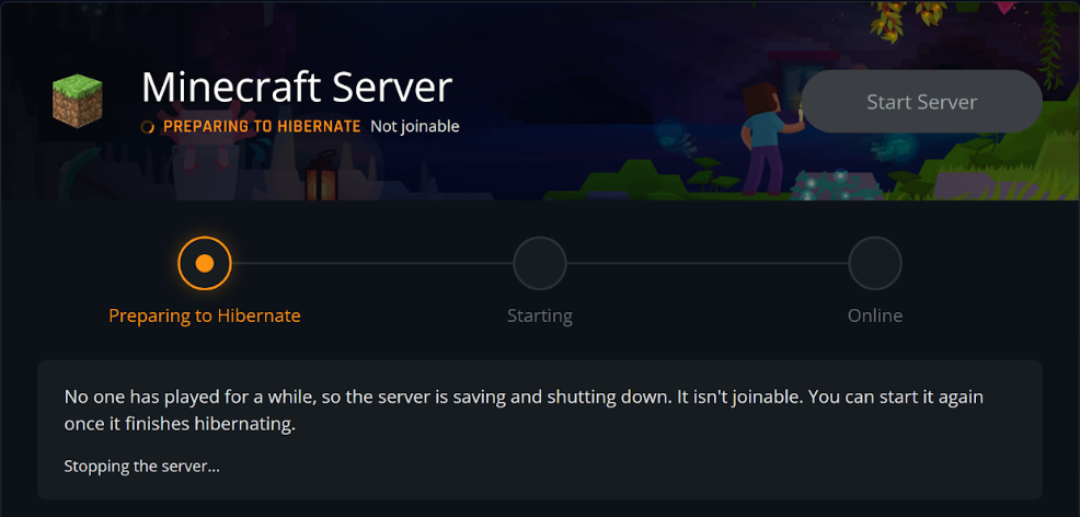 Dark Minecraft server UI with 'Preparing to Hibernate' active (circle), disabled 'Start Server' button, and a message about saving and shutting down.