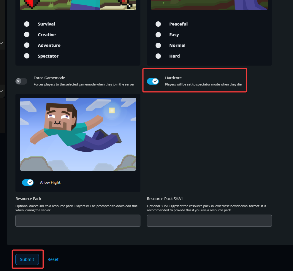 A screenshot of the Game Settings options of a Nodecraft Minecraft server with the Hardcore setting and Submit button highlighted.