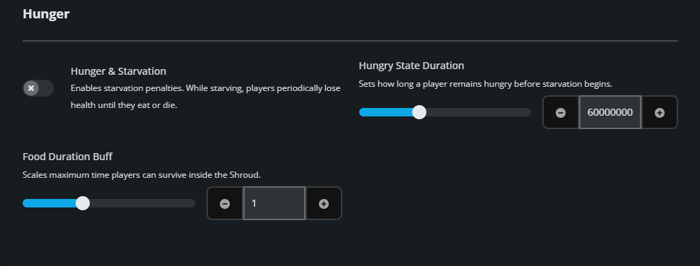 Enshrouded Hunger settings showing controls for enabling starvation, changing how long players remain hungry before starving, and adjusting the duration of food buffs.