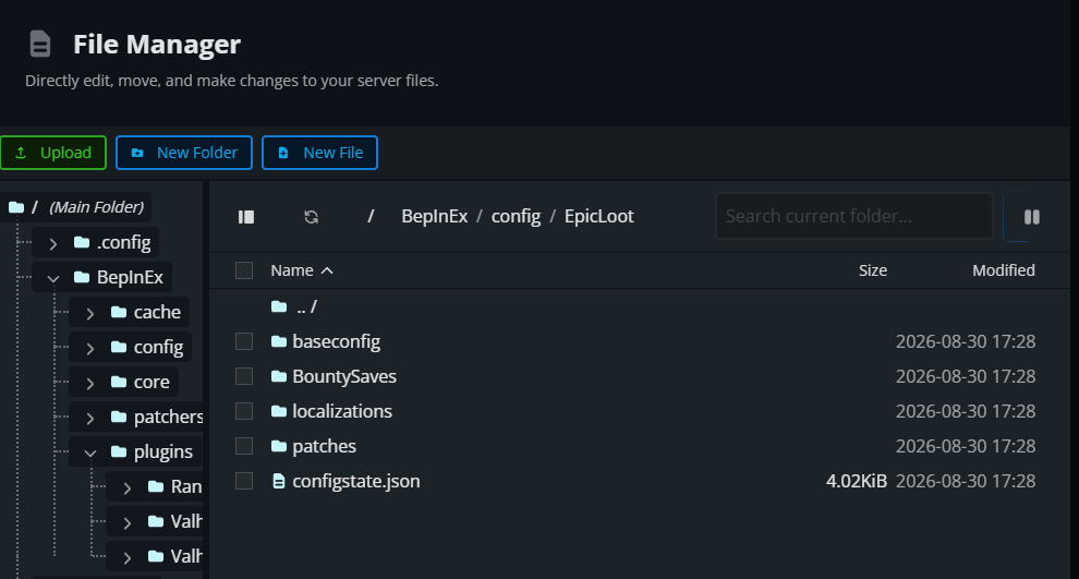 The Nodecraft File Manager showing the /BepInEx/config/EpicLoot folder open, with Epic Loot configuration folders and files listed in the main file area.