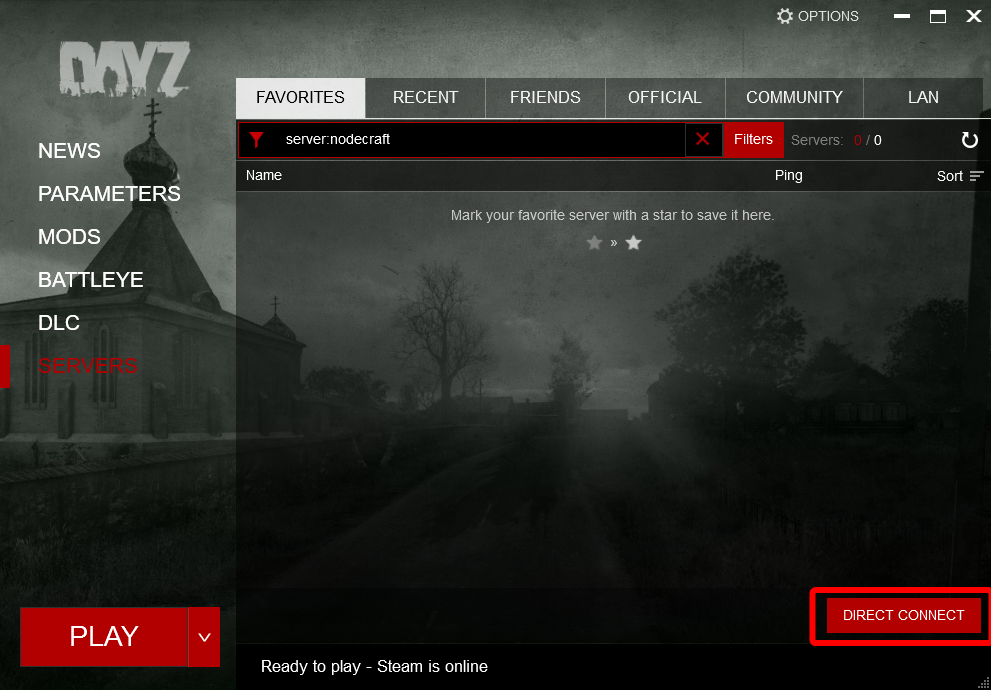 DayZ launcher Servers page showing the Direct Connect button used to join a server using its IP address and port.